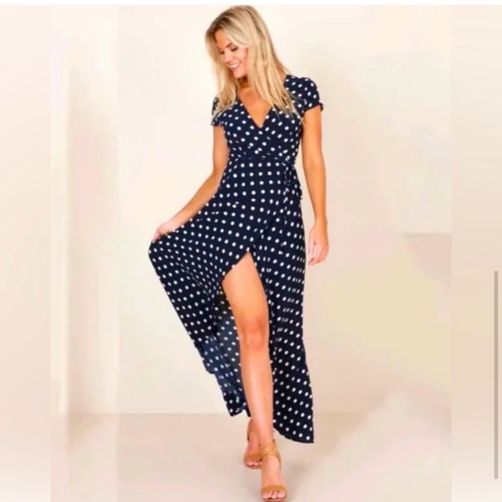 Women’s Black High Slit Polka Dot Maxi Dress Sz S - Picture 5 of 6